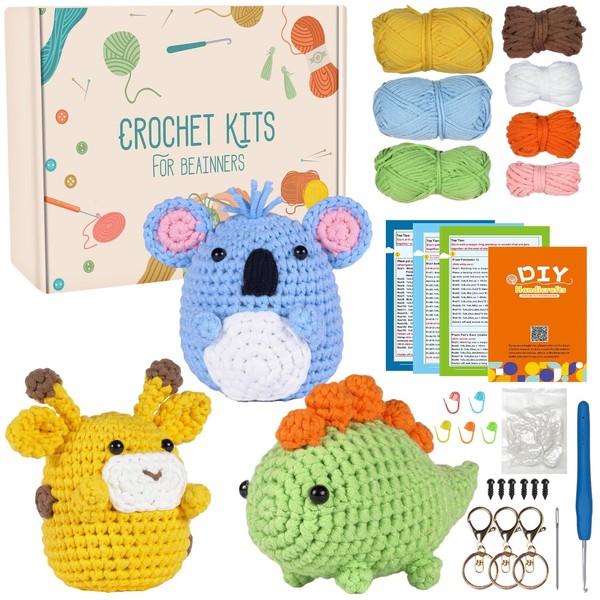 papasgix Crochet Kits for Beginners Adults, Beginner Crochet Kit, Complete Animal Crochet Yarn Set for Starters with Crochet Hooks Needles Yarn for Adults Kids DIY Craft Art(3pcs Green+Yellow+Blue)