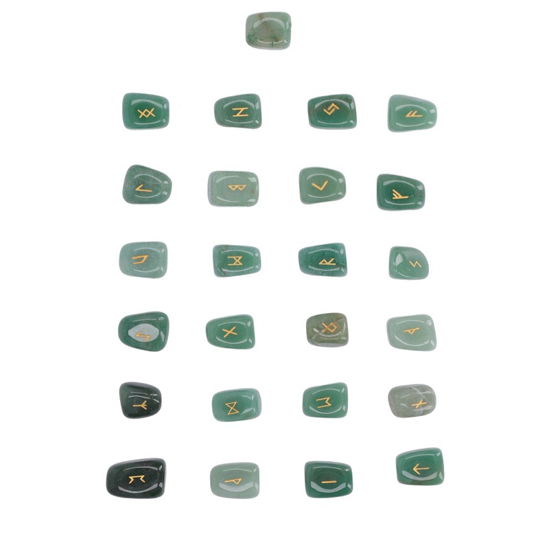 25pcs Rune Stones Set Hand Carved Polished Green Aventurine Portable