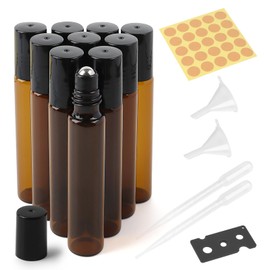 10ml Roll on Glasflaschen für Ätherisches Öl,10 Stück Braune Flasche Leer mit Edelstahl-Roller,Trichter,Öffner,Etiketten,Pipetten Für ätherische Öle, Lotionen,Duftstoff,Parfums,Kosmetika,Massage