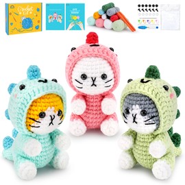 Crochet Kit for Beginners - 3 PCS Dinosaur Cat Crochet Kits with Step-by-Step Video Tutorials, Beginner Crochet Kit for Adults Kid, Crochet Animal Kit for Starters, Cat Dressed as Dinosaur Crochet Set