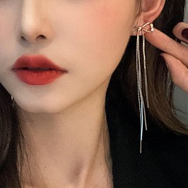 Sonateomber Silver Bow Long Chain Bar Drop Dangle Tassel Earrings for Women – Elegant Whit Gold Plated Metal Fringe Earings Dangling Statement Wedding Bridal Prom Jewelry Gifts