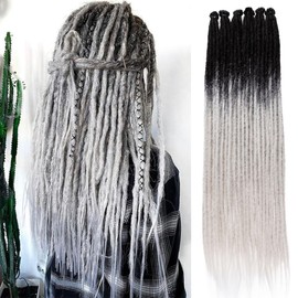Leeven 24 Inch Ombre Grey Dreadlock Extension 10 Strands Synthetic Dread Braids Hippie Single Ended Dreads 0.6 Width Handmade Thin Dreads Extensions/T-Grey