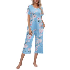 Ekouaer Women's Pajamas Set Short Sleeve Top With Capri Pants Pjs Lounge & Sleepwear SetLight Blue/Whit FlowerLarge