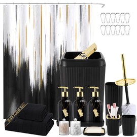 WSBArt 32PCS Bathroom Accessory Set Black Bathroom Accessories Bathroom Set, Shower Curtain Set, 2 Piece Bath Towel Set, 3PC Soap Dispenser, Toilet Brush & Trash Can