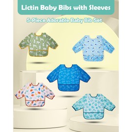 Lictin Baby Bibs for Boy or Girl, Long Sleeve Bib, Waterproof Toddler Bibs, 0-24 Months Neutral Baby Smock, Mess Proof Full Bib with Sleeves for Babies for Feeding Teething or Weaning 5 Pcs