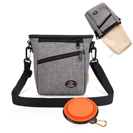 Ownpets Dog Training Pouch, Pet Treat Training Pouch with Collapsible Bowl, Shoulder Strap & Waist Strap, 4 Ways to Wear, Practical Training Bag for Dog Training, Daily Walks - Grey