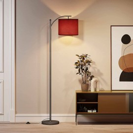 LOPYEIJFG Modern Arc Floor Lamp with Dimmer Mid Century Abstract red Brushed Texture Cement Concrete Metal Standing Lamp with Linen Shade Footswitch for Living Room Bedroom Office