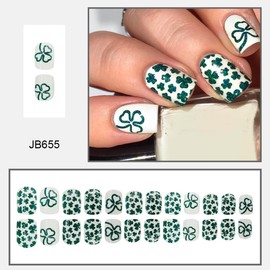 24Pcs Green Shamrocks Press on Nails Short Square Shaped St. Patrick's Day Fake Nails with Lucky Clover Designs Cute Shiny Shamrock Glue on Nails St. Patrick's Day Acrylic False Nails for Women Girls
