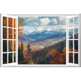 WOOHOOROO Wall Stickers Murals Peel and Stick Fake Window Autumn Mountain View Yellow Leaves Pattern Poster Picture Self-Adhesive Removable Decoration,16" x 24"