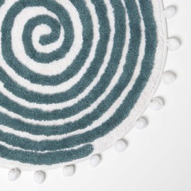 Homescapes Spiral Pattern Bath Mat Tufted with Pom Poms Round Bath Mat 60cm Petrol White Bath Mat Cotton