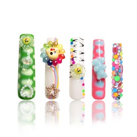 LOVFUL Handmade Press on Nails with Lovkashi Flower Design | Colorful Acrylic Stick On Nails | Reusable Full Cover Nails| Square Long 2.2 in | H65-L