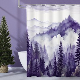 Litabel Purple Misty Pine Forest Shower Curtain, Mountain Foggy Woodland Scenery Tree Shower Curtains for Chic Rustic Bathroom, Abstract Modern Waterproof Nature-Themed Decor, 72x72 Inches
