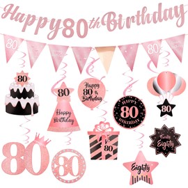80th Birthday Decorations for Women Set - Hapdoo Happy 80th Birthday Banner Triangle Flag Hanging Swirls Streamers for Women Party Decorations Supplies, Rose Gold