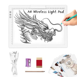 A4 Wireless LED Light Pad with Innovative Stand and Top Clip, TOHETO Rechargeable Battery Powered Light Box Stepless Dimmable 6 Levels Brightness Cordless Light Board for Tracing Weeding Vinyl (White)