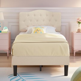 VECELO Twin Size Platform Bed Frame with Fabric Upholstered Headboard and Wooden Slats Support, No Box Spring Needed/Easy Assembly,Beige
