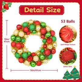 Traditional 16 Inch Christmas Wreath with Red, Green & Gold Ornaments – Classic Holiday Front Door Wreath for Home, Fireplace, Party, Office Decoration