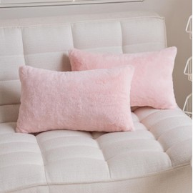 Demetex Lumbar Pillow Covers 12x20 Pink Fuzzy Fur Pillowcases Soft Rectangle Decorative Throw Pillows for Couch Sofa Chair Decor, Set of 2, 12 x 20 inch, Pink