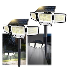 MDCMDCM Solar Motion Sensor Outdoor Lights Waterproof - 3000LM 3 Modes Security Lights Outdoor 270° Illumination IP65 LED Solar Flood Wall Light for Garden Yard Patio Pathway (with Stakes, 2)