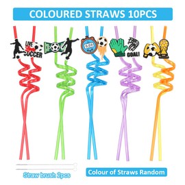 Children's Straws, Pack of 10 Reusable Football Straws with Straw Brush, Drinking Straws Children's Birthday, Colourful Plastic Straws as Party Accessories for Birthday, Children, Hawaiian Party