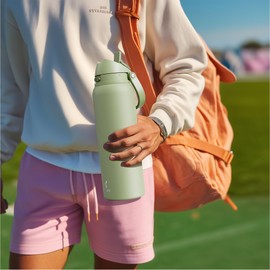 Botella de agua aislada de 32 onzas para deportes: botella de agua de acero inoxidable Meoky con popote 2 en 1 y tapa de boquilla, a prueba de fugas, frío durante 24 horas, base protectora de silicona