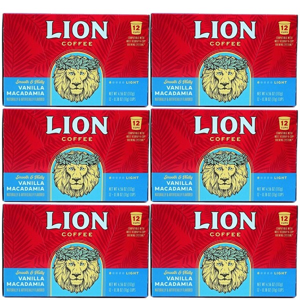 Lion Coffee Vanilla Macadamia Flavor, Single-Serve Coffee Pods - 12 Count Box (Pack of Six)