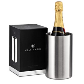 Villa & Marx Wine Chiller Bucket - Premium Champagne Bucket Keeps 750ml Bottles Cold for Hours - Insulated White Wine Bottle Cooler Without Ice - Wine Cooler Bucket for Wine Lovers (Stainless Steel)