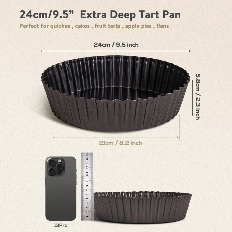 Highkit 24cm / 9.5inch Deep Quiche Tins with Loose Base,