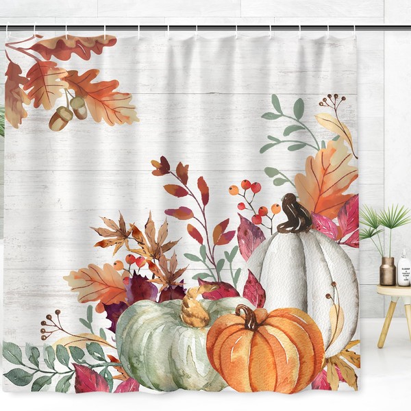 JarThenaAMCS Fall Pumpkins Shower Curtain Autumn Leaves Harvest Thanksgiving Polyester