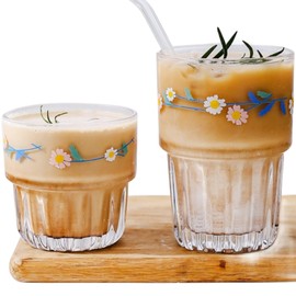 yaocoral Set of 2 Floral Glass Coffee Cup Cute Drinking Glasses Stackable Daisy Glass Cups for Juice,Iced Coffee,Milk,Tea,Dessert,Flower Teacups Glassware Drinkware Set(blue1)