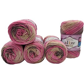 5 x 100 g Ilkadim Export Cotton Gold Batik Knitting Wool with 55% Cotton, 500 g Wool with Colour Gradient, Multicoloured (Pink, Pink, Brown, Beige 7829)