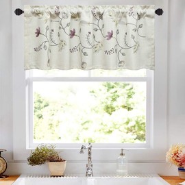 VOGOL Floral Blossoming Valances for Living Room, Purple Flower Embroidery White Linen Curtain Valances for Bedroom Ding Room Girls Room Rod Pocket 18'' Long, One Panel
