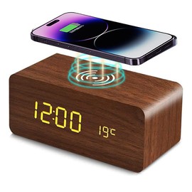 Wooden Digital Alarm Clock with Wireless Charging, 3 Alarms LED Display, Sound Control and Snooze Dual，Adjustable Brightness, Time Temperature (Brown)