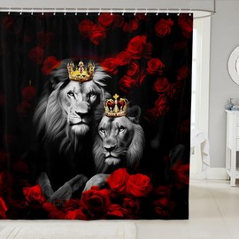 jejeloiu Wild Lion Couple Shower Curtain 72"x72" Couple Red Rose Floral Bathroom Shower Curtain Set for Girls Women Lover Gold King and Queen Crown Bath Curtain Valentine's Day Bathroom Accessories