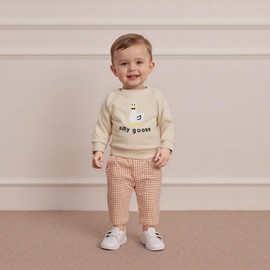Toddler Baby Boy Girl Fall Goose Outfit Silly Goose Long Sleeve Sweatshirt Plaid Pants Set 2Pcs Country Winter Clothes (Apricot, 2-3T)