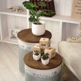 Farmhouse Accent Side Table - Galvanized Rustic End Table. Metal Storage Bin Wood Cover. Coffee or Cocktail Table. Nesting Pieces Two - Distressed White