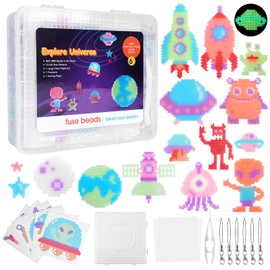 Fuse Beads Kit, 5000 PCS Glow in The Dark Iron Beads Crafting Melting Beads Set for Kids, 16 Styles Alien UFO Patterns Beads Pegboards, Tweezers, Ironing Paper for DIY Craft Making