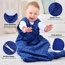 FIEMOL Baby Sleep Sack 18-24 Months, 1.5 TOG Cotton Baby Wearable Blanket with Soft Plush Dots, 2 Pack Newborn and Infant Sleeping Sack with 2-Way Zipper Blue&Grey