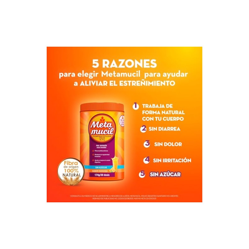 Metamucil Suplemento Fibra Sabor Naranja Azucar 425