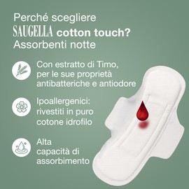 Saugella Assorbenti Cotton Touch Notte, 36 Assorbenti Cotone Notte con Ali, Azione Antibatterica, Antiodore e Lenitiva