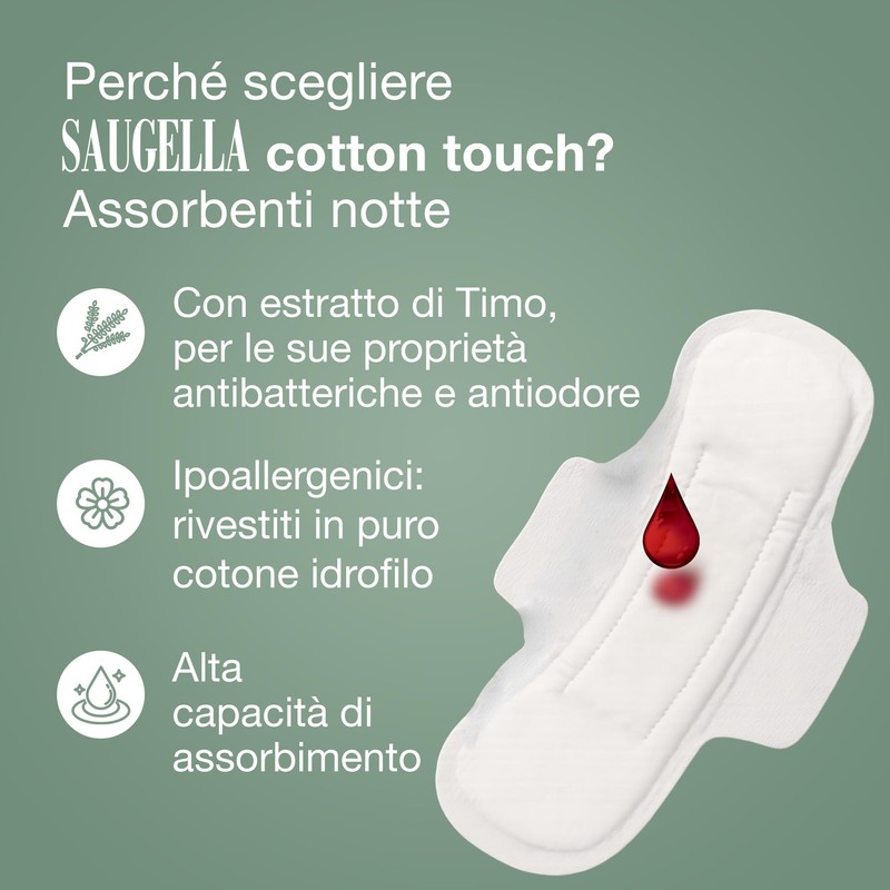 Saugella Assorbenti Cotton Touch Notte, 36 Assorbenti Cotone Notte con