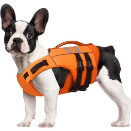 Kuoser Small Dog Life Jacket, High Flotation Puppy Safety Vest for Swimming Boating, Reflective Doggie Water Vest Pet Life Preserver with Rescue Handle, Orange S