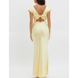 Halfisland Womens Summer Satin V Neck Cap Sleeve Backless Maxi Dress Elegant Twist Cut Out Midi Dresses Wedding Guest, Yellow, Large
