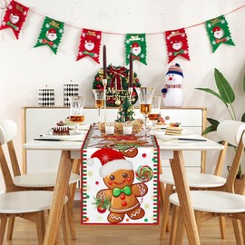Christmas Gingerbread Table Runner 13x72Inch Linen Christmas Table Decorations Holiday Table Runners Winter Seasonal Party Decor,Kitchen Home Dining Indoor Outdoor Party Decoration