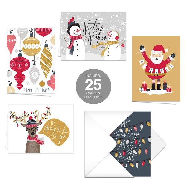 Winter Wishes Holiday Cards / 25 Christmas Cards With White Envelopes / 5 Modern Winter Designs / 4 5/8" x 6 1/4" Holiday Greeting Cards