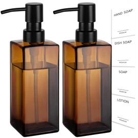 GMISUN Amber Glass Soap Dispenser, 2 Pack Hand Soap Dispenser Bathroom, 12 fl oz/350ml Dish Dispenser Set for Kitchen, Glass Liquid Dispenser with Stainless Steel Pump, Brown Soap Dispensers Bottle
