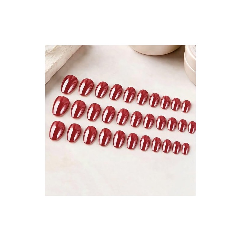 SXVME Uñas postizas cortas ovaladas rojas cromadas, 32 piezas de