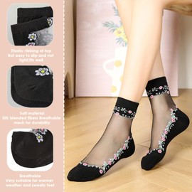 5 Pairs Womens Sheer Socks Floral Transparent Black Lace Socks Ankle Crew Ultra-Thin See Through Sock Girls Fancy Hidey Mesh Sock