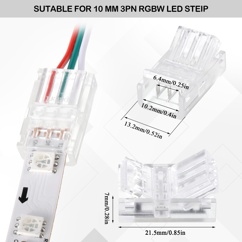 Flutesan 100 Pcs 3 Pin 10mm Solderless LED Light Strip