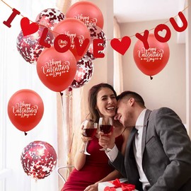 10Pcs Red Balloons, 1 I LOVE YOU Banner Mother's day Decorations, 5pcs Latex and 5pcs Confetti Balloons with a Red Ribbon for Valentines Day,Anniversary,Wedding Party