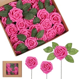 25Pcs Artificial Rose Flowers, Foam Fake Flowers with Stems, Real Looking, Gift Box, DIY Bouquets for Wedding Arrangements Party Home Decorations (Rose-Flower-Pink)